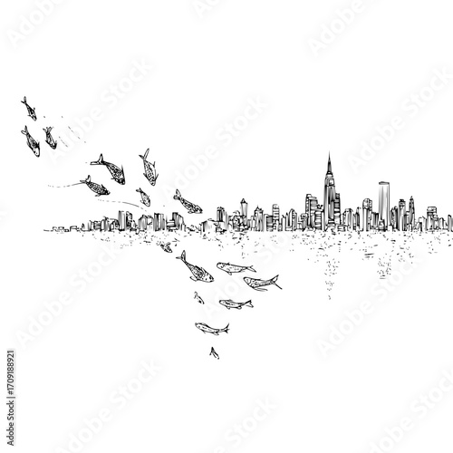 Drawing of a school of fish swimming towards a city skyline with tall buildings in black and white style