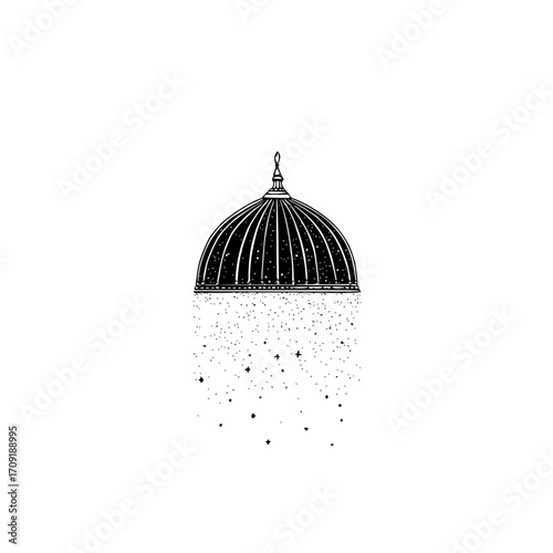 Illustration of a dome structure with stars and dots falling from the bottom edge in black and white drawing