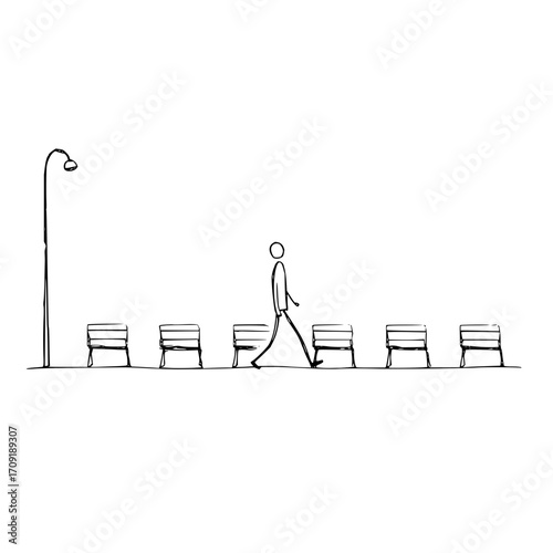 Stick figure walking past benches under a street lamp in a simple black and white line drawing sketch style