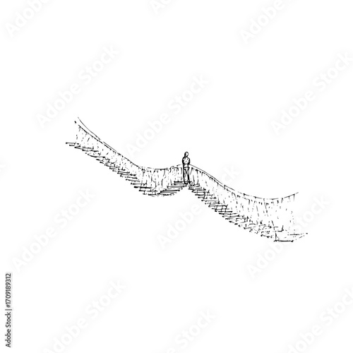 A lone figure stands on a precarious rope bridge suspended high above, sketched in stark black and white style