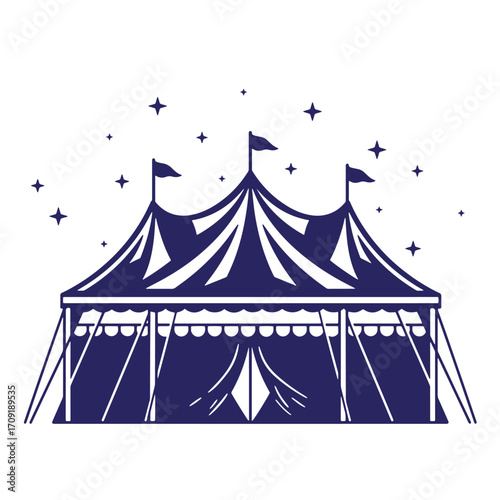 Vector illustration of a classic circus tent featuring stars and flags on white background