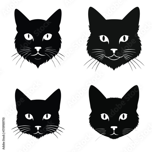 Create adorable cat faces with this vector silhouette illustration showcasing different feline expressions and distinct characteristics