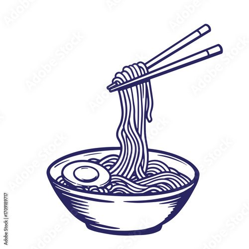 Vector illustration of a delicious ramen bowl with chopsticks and a boiled egg ready to eat
