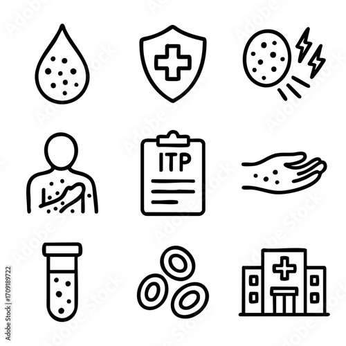 A set of doodle line icons representing Immune Thrombocytopenia ITP, blood disorders, skin spots, testing, diagnosis, and treatment