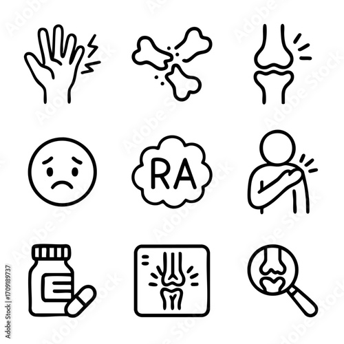 A set of doodle line icons showing rheumatoid arthritis symptoms, joint pain, bone damage, medication, x-rays, and diagnosis