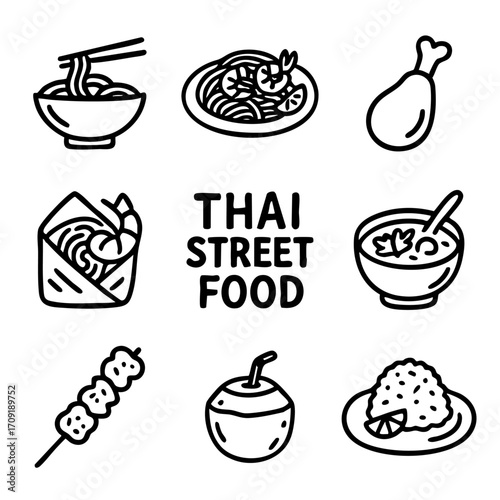 A set of doodle line icons representing Thai street food dishes, noodles, soup, grilled meat, coconut drinks, and traditional flavors
