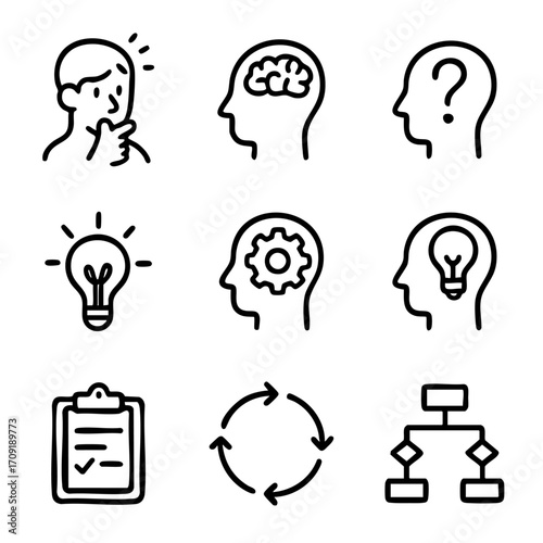 A set of doodle line icons illustrating thinking processes, brain activity, idea generation, mental focus, planning, and decision making