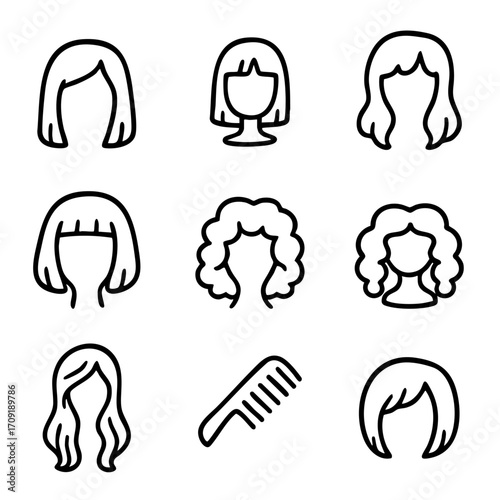 A set of doodle line icons showing various female hairstyles, curly and straight wigs, bangs, and a hair comb for styling