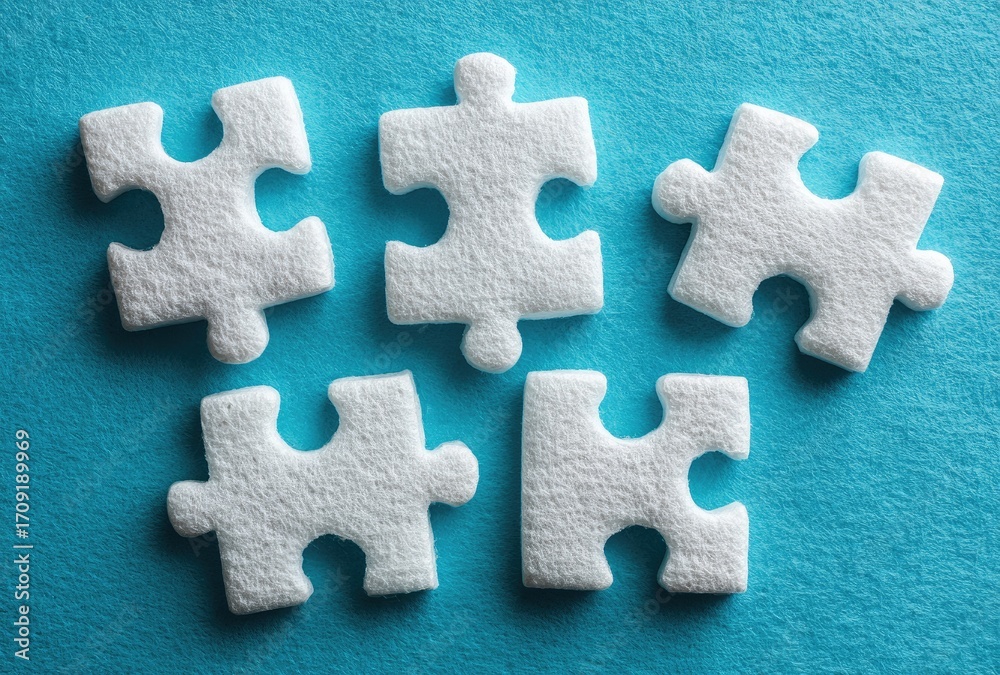 Obraz premium Several white puzzle pieces on a light-blue surface