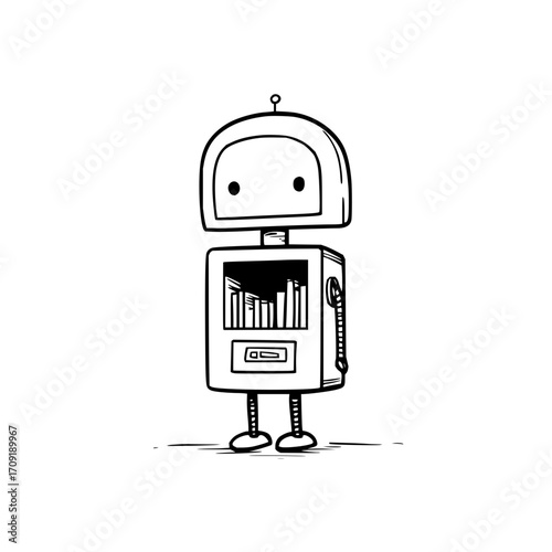 A cartoon robot with a rectangular body and a screen displaying vertical bars standing on a white surface