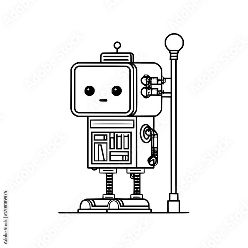 Illustration of a cartoon robot with a square head standing next to a street lamp in black and white line art