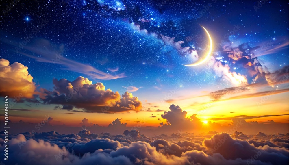 Fototapeta premium Sky night stars and moon, islamic night, sunset, twilight