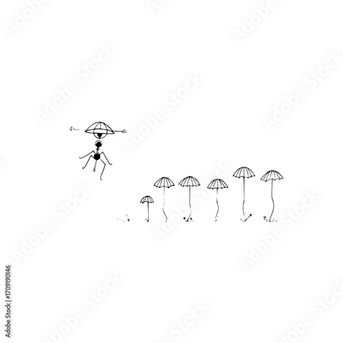 A whimsical drawing of an alien figure above a row of umbrella like plants on a white background art piece
