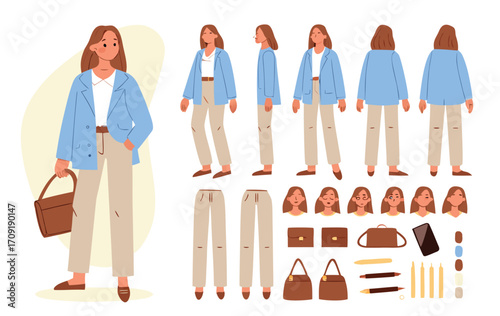 Young casual business woman character constructor for animation. Front, side and back view set. Body parts, postures, poses collection. Vector illustration.