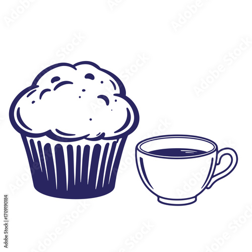 Vector illustration of a delicious blueberry muffin and a coffee cup on white background
