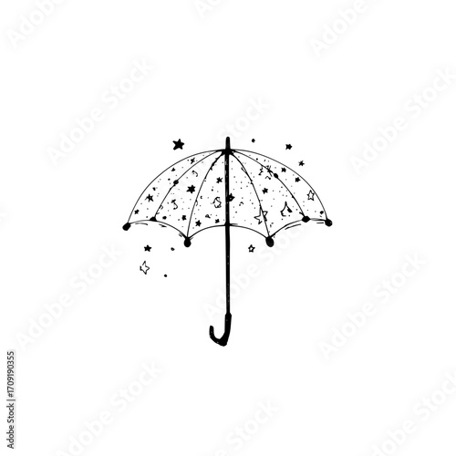 Illustration of a black and white umbrella decorated with stars and dots on a white background sketch style