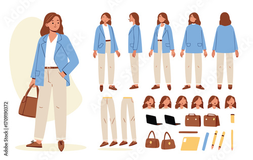Young casual business woman character constructor for animation. Front, side and back view set. Body parts, postures, poses collection. Vector illustration.