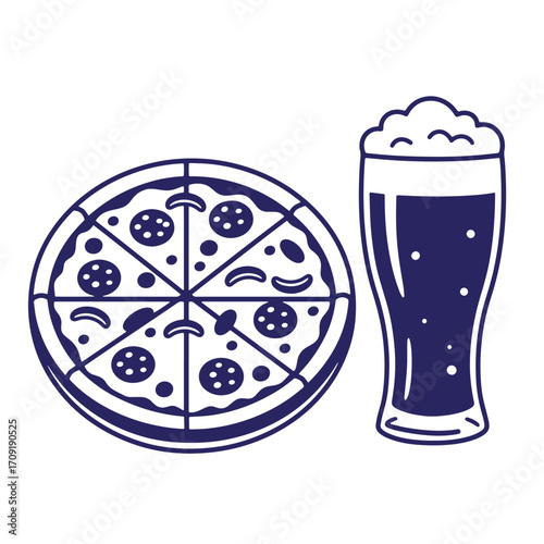 Vector illustration of a pizza with pepperoni and a pint of beer isolated