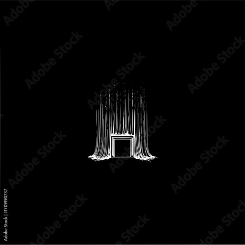 A dark doorway with white tendrils or roots hanging down in a minimalist black and white illustration