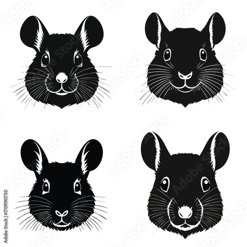 Set of cute rodent heads showing different expressions, a charming black and white vector silhouette illustration for various creative projects.