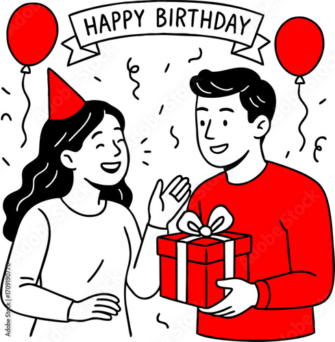 hand drawn style  Flat vector design ilustration couple with gift box celebrating birthday