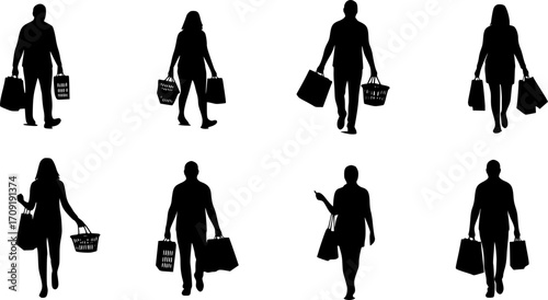 Silhouette of a family walking with shopping bags and baskets after shopping on a white background | eps vectors
