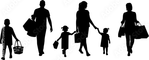 Silhouette of a family walking with shopping bags and baskets after shopping on a white background | eps vectors
