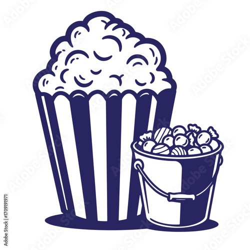 Vector illustration of cinema snacks featuring popcorn and candy treats on white background