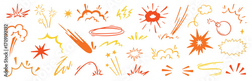 Comic cartoon boom speed effect, explosive motion line element set. Comic boom burst, explosive smoke, line speed cartoon vector icon. Hand drawn sketch doodle action effect. Vector illustration.

