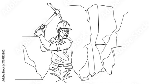 Continuous Line Quarry Worker Illustration – Black Line Art Vector of Quarryman at Work