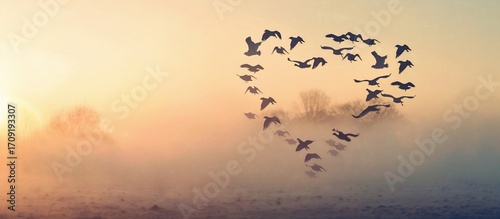 Birds form heart shape in misty sunrise