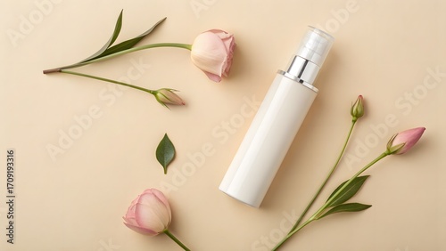 Beauty Product with Bud on Pale Beige. Product resting on pale beige background with single floral bud—serene and simple composition.