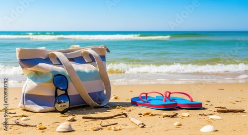 Striped beach bag, sunglasses, and flip-flops rest on the golden sand beside a placid ocean.