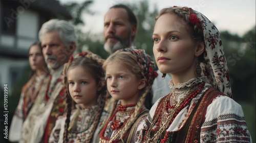 Eastern european descent, group family portrait in traditional clothing outdoors, pride and cultural heritage beautifully shown.