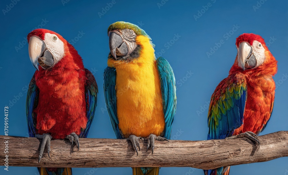 Fototapeta premium Three Macaws on Branch Against Blue Sky