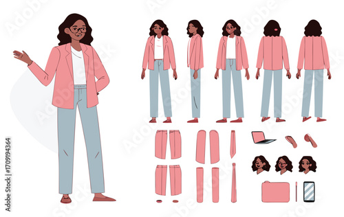 Casual business woman character constructor for animation. Front, side and back view set. Body parts, postures, poses collection. Vector illustration. 

