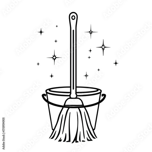 Mop and Bucket Cleaning Tool Against Simple Background
