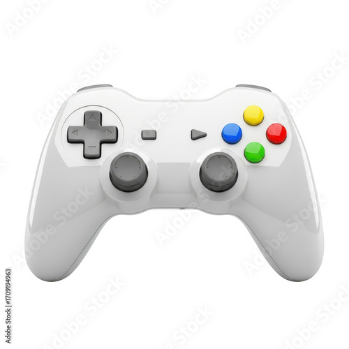 Close-up of a white gaming controller with colored buttons on a black surface transparent background
