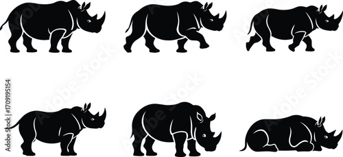 Rhinoceros silhouettes, wild animal poses, African wildlife icons, grazing rhino, resting rhino, black vector set, editable illustration pack