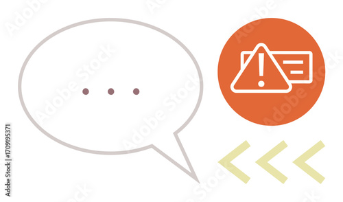 Speech bubble with ellipsis, warning icon in orange circle, and directional arrows. Ideal for messaging, caution, feedback, problem-solving, alertness communication user interface. Simple flat