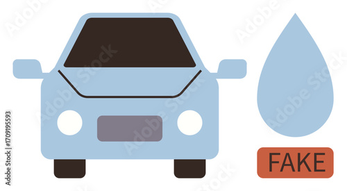 Blue car with dark windows paired alongside a water droplet icon marked with FAKE, representing issues of counterfeit goods, resource authenticity, fraud, car maintenance, or purity concerns. Ideal