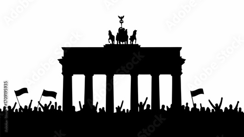 Silhouette of brandenburg gate with crowd waving flags and raising hands in celebration or protest event