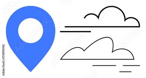 Blue location pin next to minimalist cloud outlines and motion lines. Ideal for navigation, travel, itinerary, weather, geolocation, mapping, outdoor journey, simple flat metaphor