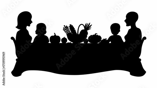Silhouette of family at thanksgiving dinner table with food basket and pumpkins in black and white style