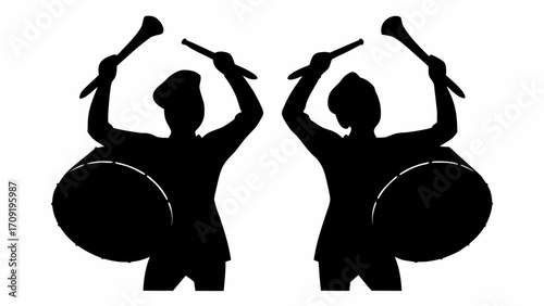 Two silhouetted drummers with sticks raising arms and holding drums in a symmetrical composition