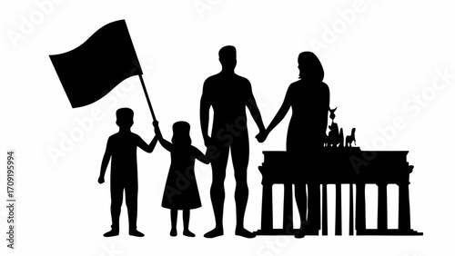 Silhouette of family with children holding flag near brandenburg gate in black and white illustration