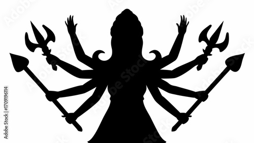 Silhouette depiction of a deity with multiple arms holding weapons and hands raised against white backdrop
