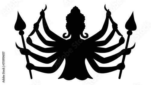Silhouette of a goddess with multiple arms holding weapons against a white background in a simple design