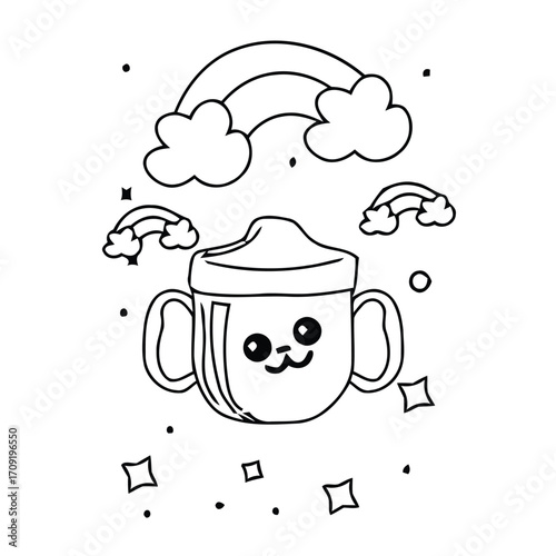 Coloring page of a cute coffee cup cartoon character isolated on white background
