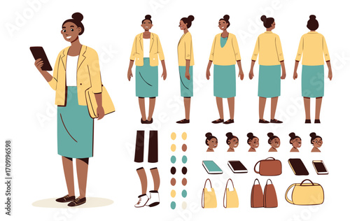 Casual business woman holding smartphone. Character constructor for animation. Front, side and back view set. Body parts, postures, poses collection. Vector illustration. 